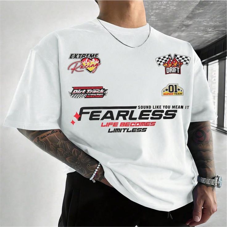 Outdoor Mens T-shirt, Comfortable And Breathable, Loose Design Mens Letter Pattern Drop Shoulder Round Neck T-shirt,