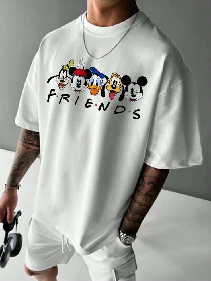 Disney Mickey Mouse & Friends Summer Men's Casual Cartoon Print Short Sleeve T-Shirt White T-shirt