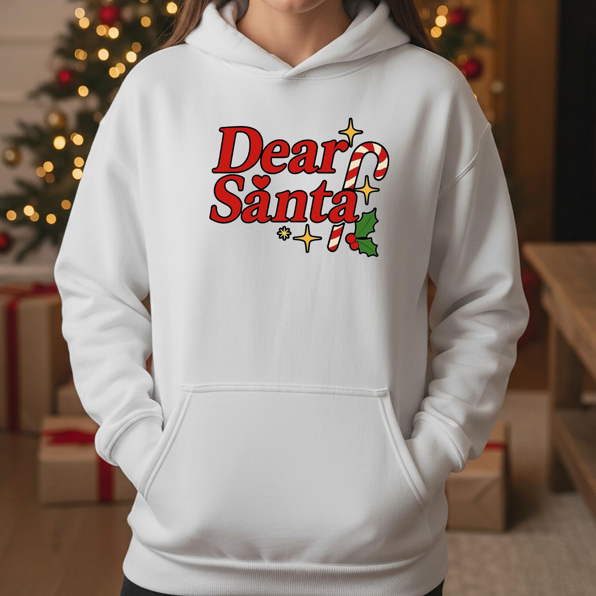 Dear Santa Hoodie | Candy Cane and Holly Graphic | Cute Christmas Design
