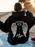 Plus Size Wings Print Hoodie - Casual Drawstring Hooded Long Sleeve Pocket Sweatshirt With Relaxed Fit For Fall & Winter, Women's Cozy Clothing