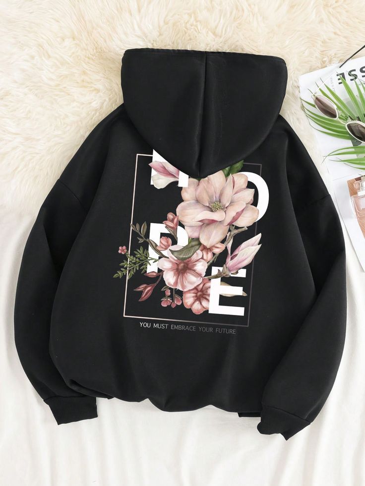 Letter And Flowers Print Thermal Lined Hoodies / Hoodies Liban