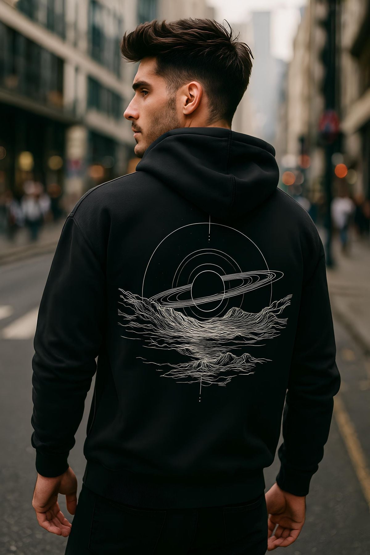 Himmlischer Hoodie, Minimalistisches Line Art-Sweatshirt, übergroße Unisex-Streetwear, spiritueller Pullover, Ästhetischer Galaxie-Pullover