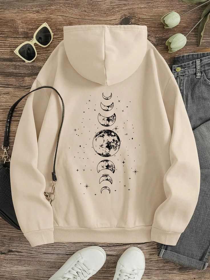 Moon Print Drawstring Hooded Fleece Sweatshirt