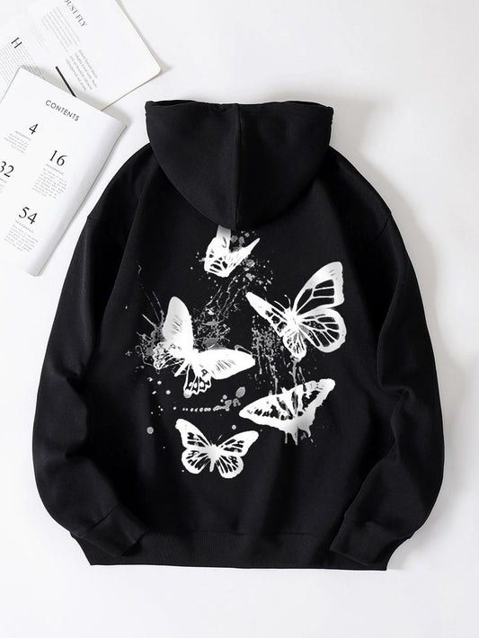 Butterfly Print Graphic Thermal Lined Hoodie