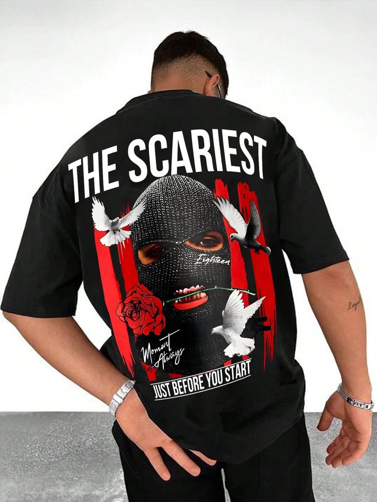 Men Summer Letter & Face Mask Figure Printed Round Neck Short Sleeve Casual T-Shirt