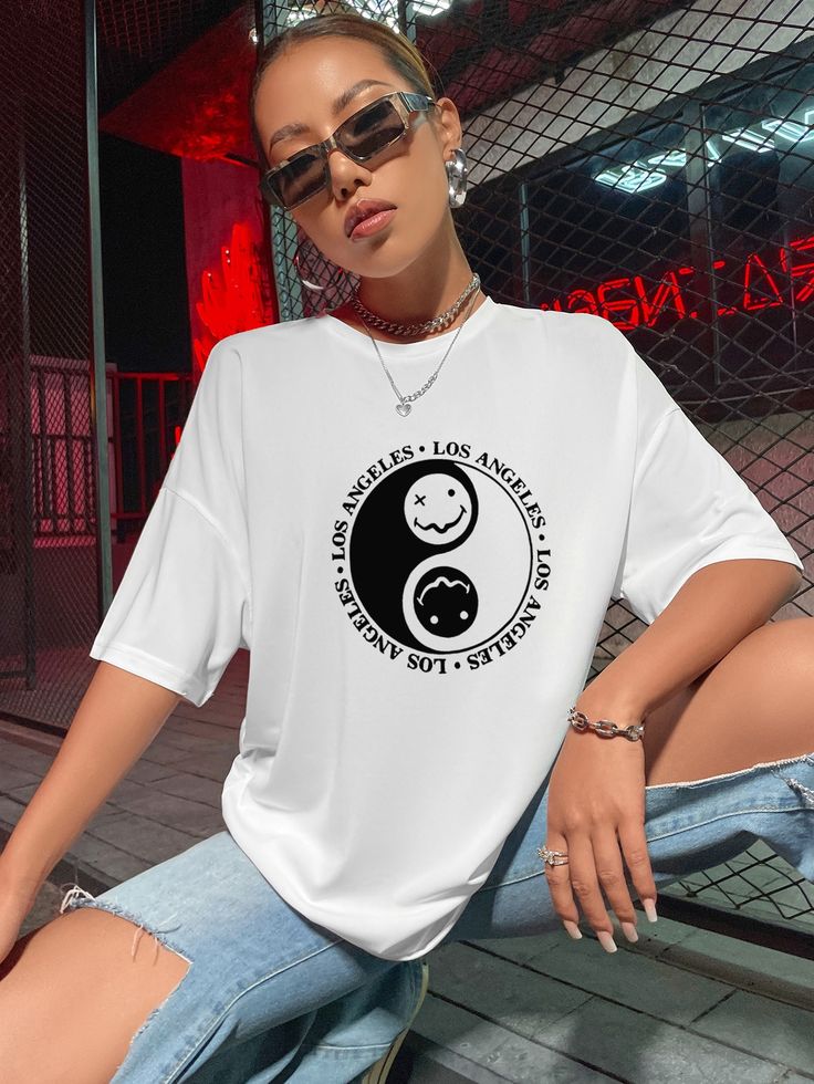 Letter & Expression Print Drop Shoulder Tee