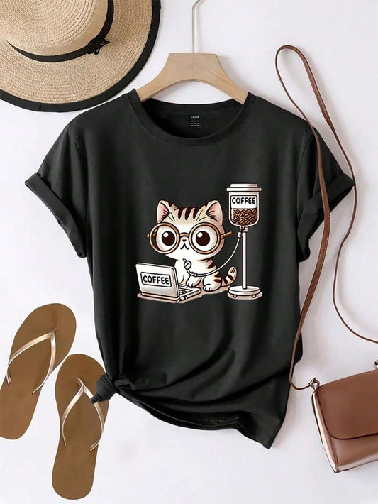 Women T-Shirts Cat Working On Laptop With Coffee Png, Funny Coffee Lover Cat, Overworked Cat Art Tshirt, Cute Cat With Glasses, Cat Meme Png Holiday T-Shirts, Fashion Now, Fashion Tee Tops Shirts Regular Fit