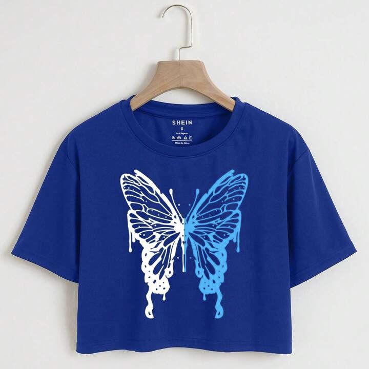 Butterfly Print Crop Tee Oversized