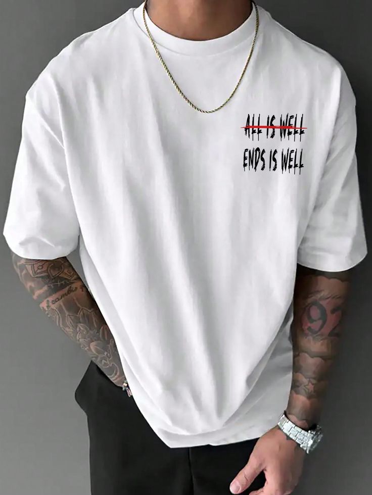 Men's Summer Street Fashion Oversized Letter "Good Luck" Slogan Print White Wide T-Shirt ,Oversized Graphic T-Shirt , Summer T-Shirt