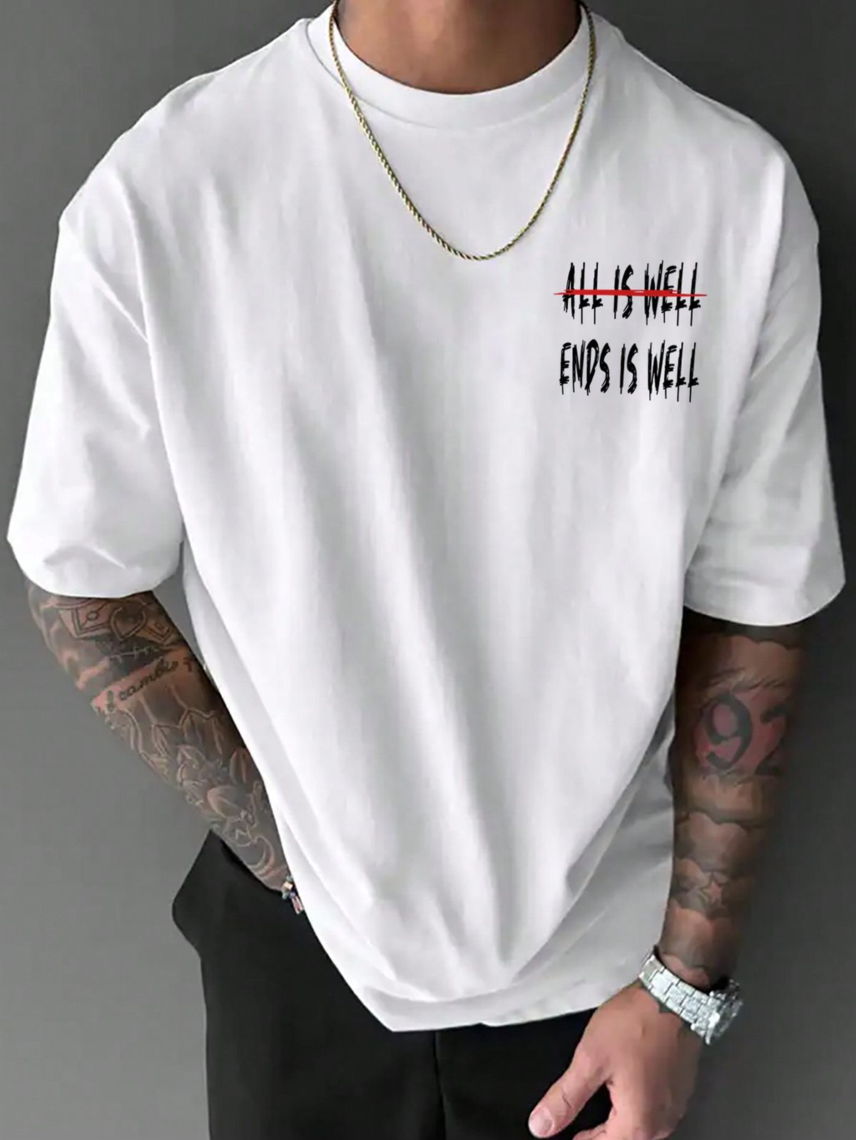 Men's Summer Street Fashion Oversized Letter "Good Luck" Slogan Print White Wide T-Shirt ,Oversized Graphic T-Shirt , Summer T-Shirt , Streetwear