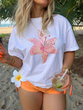 Women Floral Print Round Neck Drop Shoulder Casual T-Shirt, Vacation Cute Top