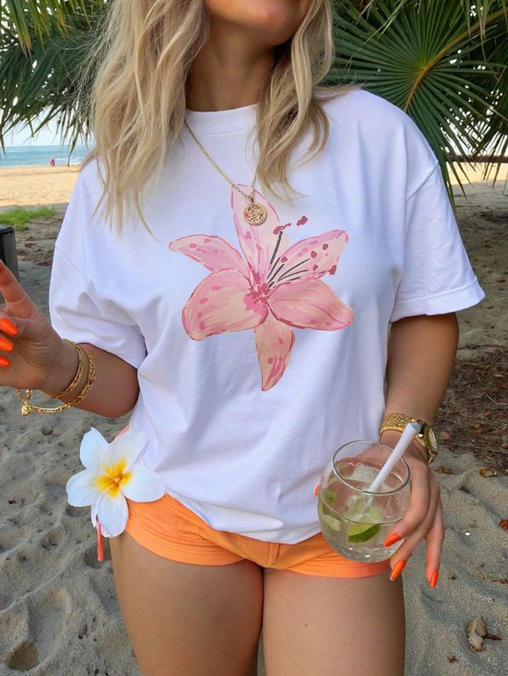 Women Floral Print Round Neck Drop Shoulder Casual T-Shirt, Vacation Cute Top