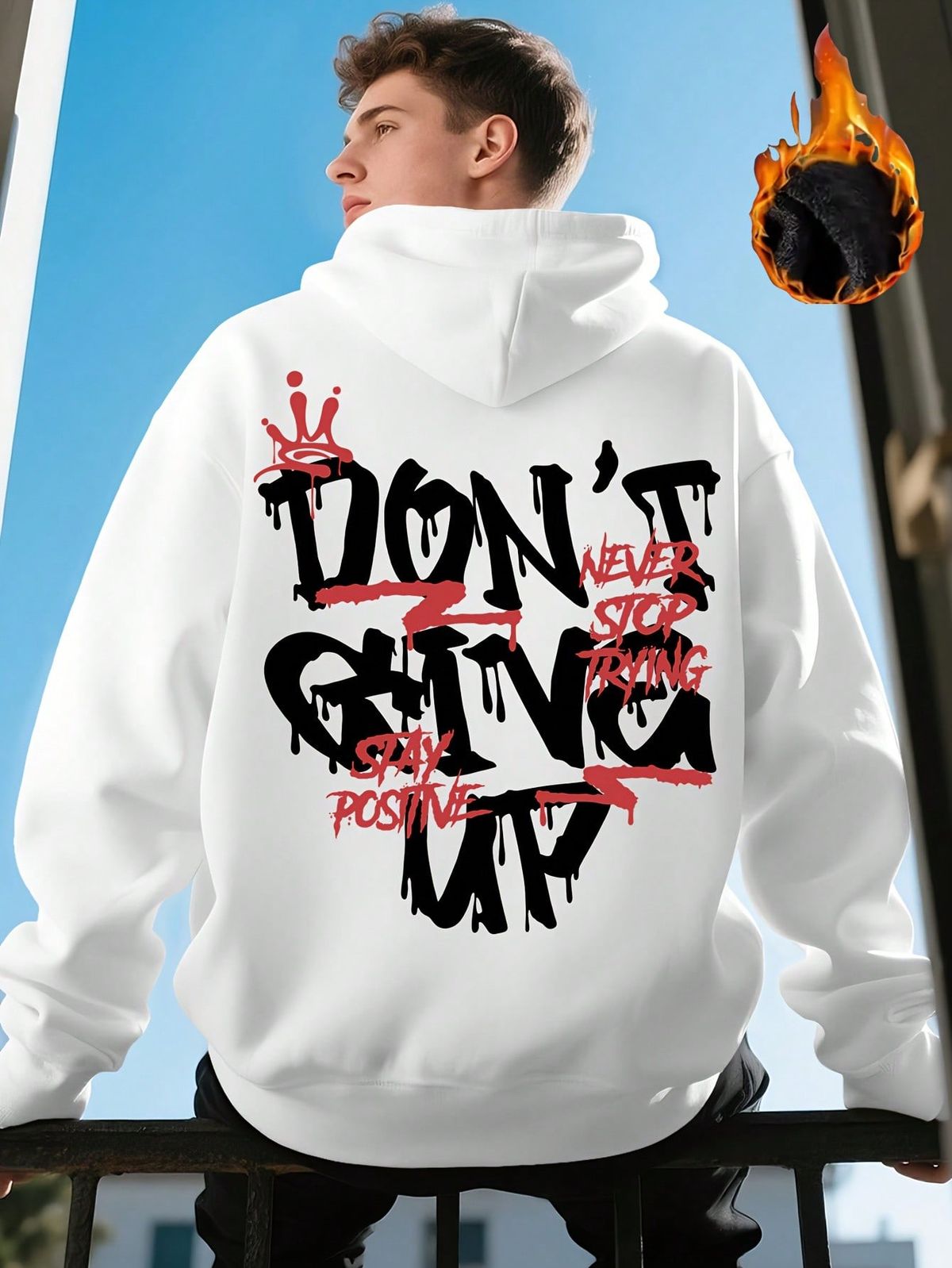 Men'S Hooded Sweatshirt - DON'T GIVE UP Motivational Back Print - Loose Fit Streetwear Pullover Hoodie - Warm Winter Sweater For Gym, Casual Outfits -