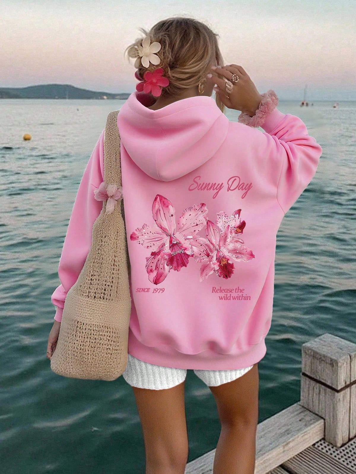 Y2K Floral Print Drop Shoulder Casual Hoodie