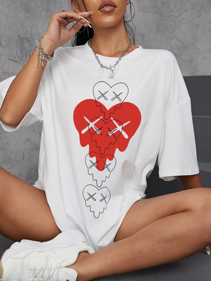 Heart Print Drop Shoulder Oversized Tee