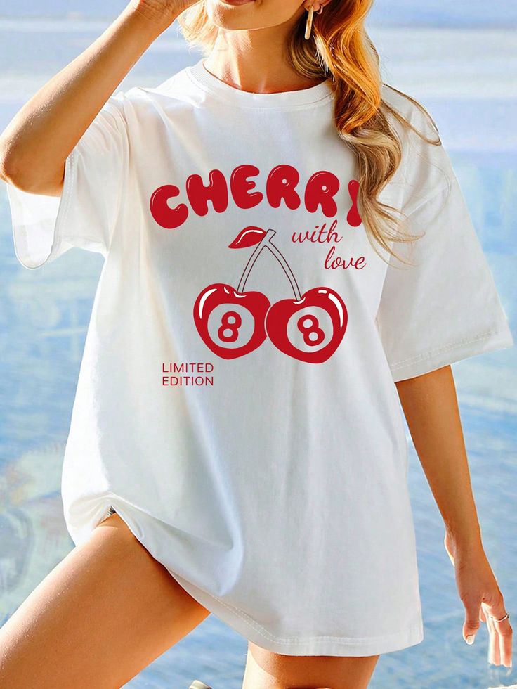 Women's Cherry & Letter Print Oversized Drop Shoulder T-shirt
