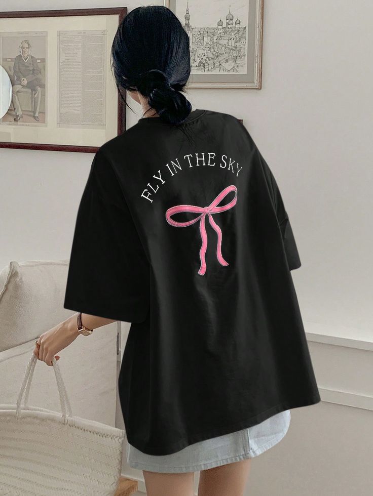 Women Bow Detail Bow Letter Print Crewneck Drop Should