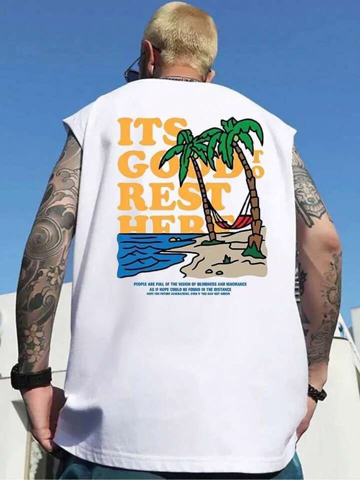 Men Beach Outfits Summer Vacation Knit Casual Surfing Seaside Beach Shark Graphic Fit Hawaiian Tank Top Beachwear