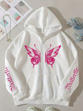 Plus Size Women's Autumn/Winter Butterfly & Letter Print Zipper Hooded Casual Sweatshirt, Fall White Top Pullover