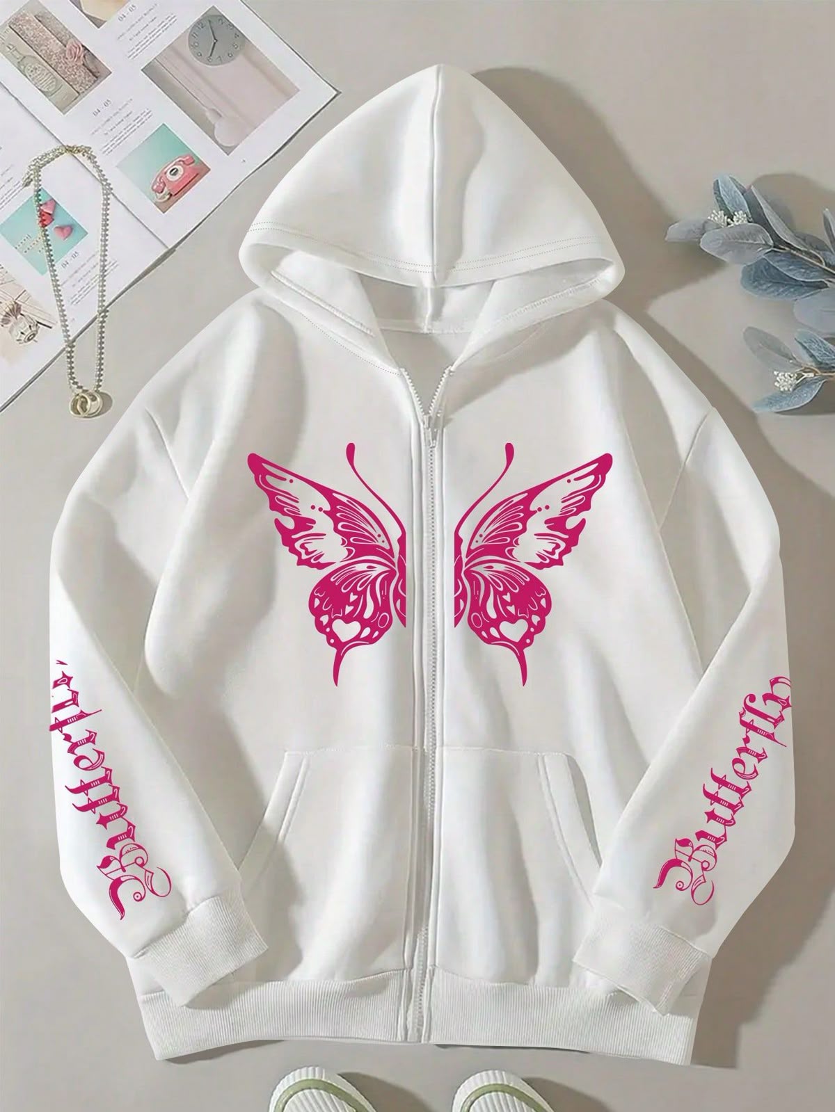 Plus Size Women's Autumn/Winter Butterfly & Letter Print Zipper Hooded Casual Sweatshirt, Fall White Top Pullover