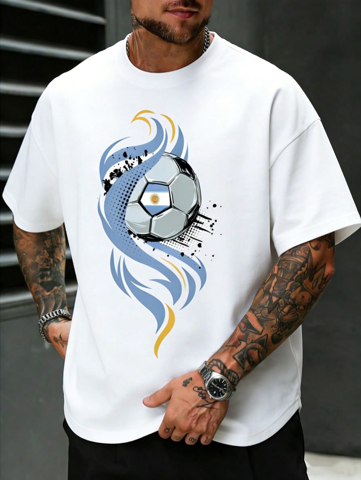 Men's Argentina Football Flame Print T-Shirt, Casual Round Neck Loose Fit Sports Fan Essential