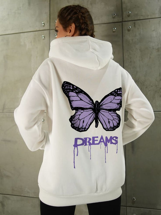 Letter & Butterfly Print Drop Shoulder Drawstring Thermal