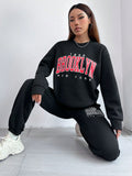 2pcs Women's Color Block Arc Letter & Number Pattern Sweatshirt And Jogging Pants Set