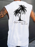 Men's White Round Neck Cactus Printed Sleeveless Tank Top In Standard Sizes