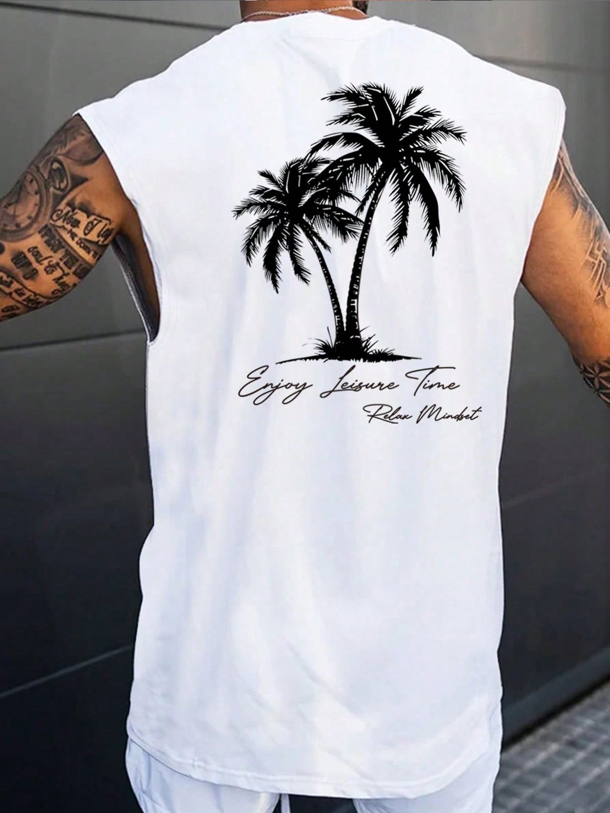 Men's White Round Neck Cactus Printed Sleeveless Tank Top In Standard Sizes