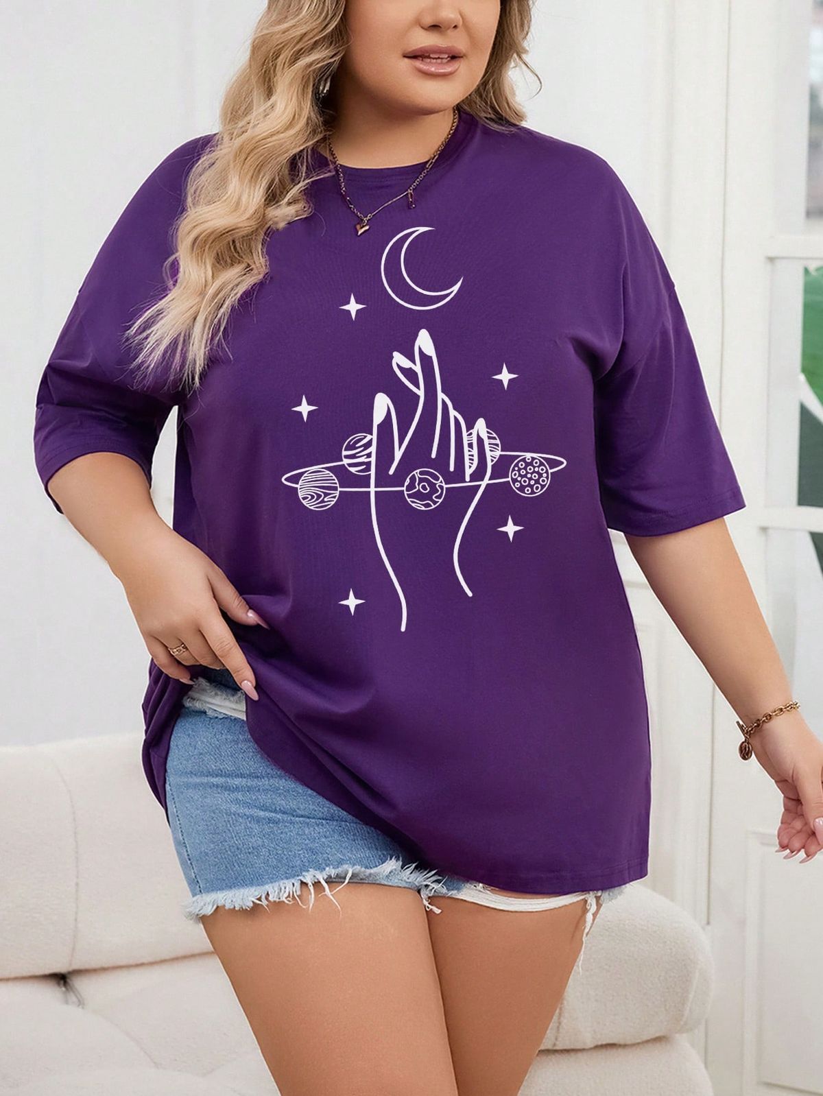 Plus Size Women's Casual Moon Printed Round Neck T-Shirt