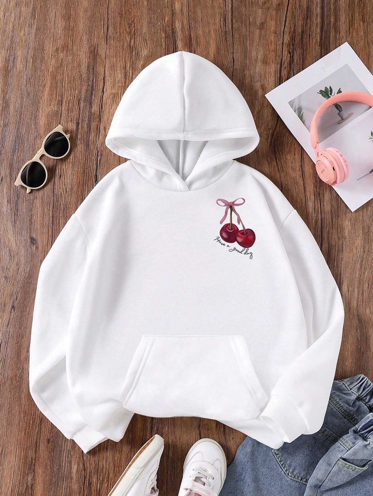 Teen Girls' Casual Solid Color Bow, Cherry, Letter Print Hoodie With Pocket, Suitable For Autumn/Winter