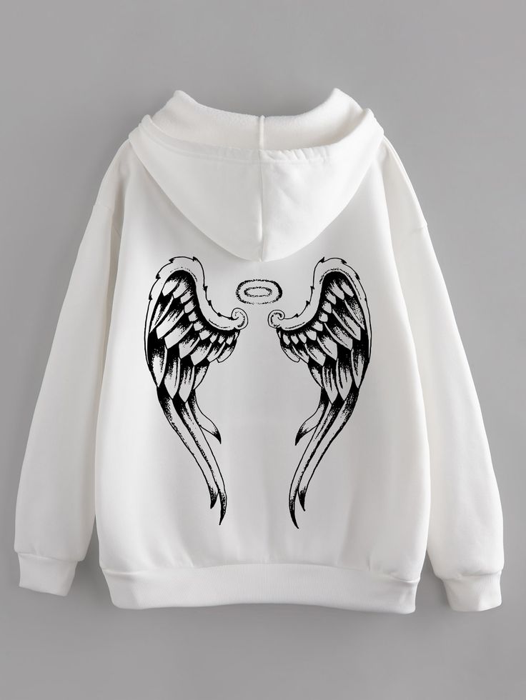 Wings Print Kangaroo Pocket Drawstring Thermal Hoodie