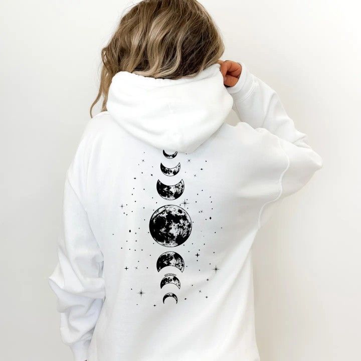 Moon Print Drawstring Hooded Fleece Sweatshirt