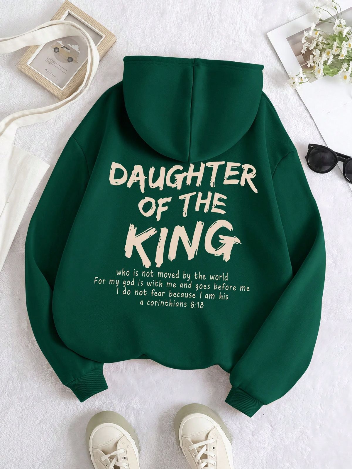 Slogan Graphic Kangaroo Pocket Drawstring Thermal Lined Hoodie DAUGHTER OF THE KING Who Is Not Moved By The World For My God Is With Me And Goes Before Me I Do Not Fear Because I Am His,Long Sleeve Tops