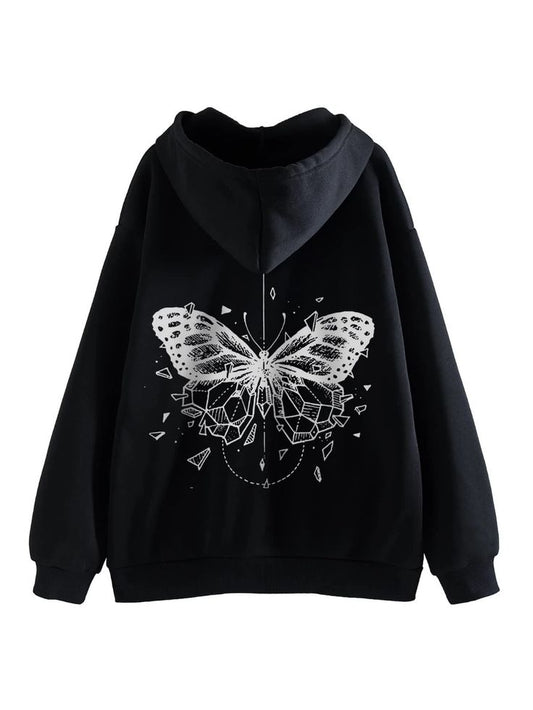 Butterfly Print Drawstring Thermal Lined Hoodie