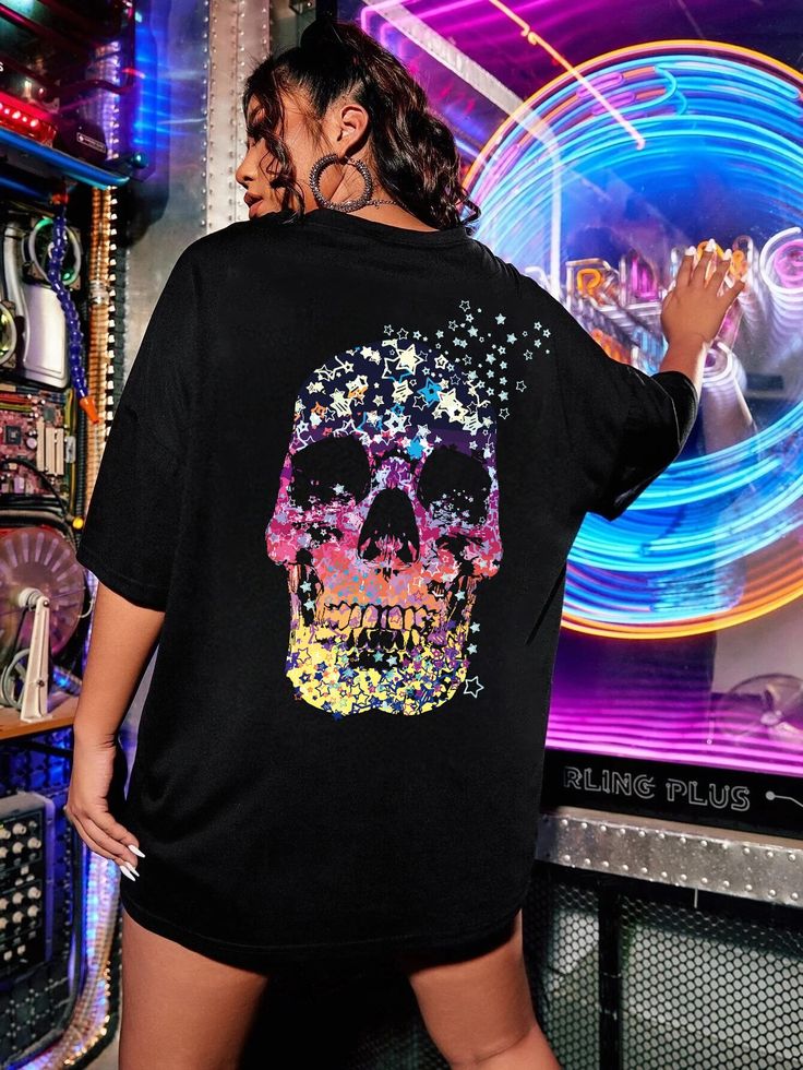 Plus Skull Print Drop Shoulder Tee
