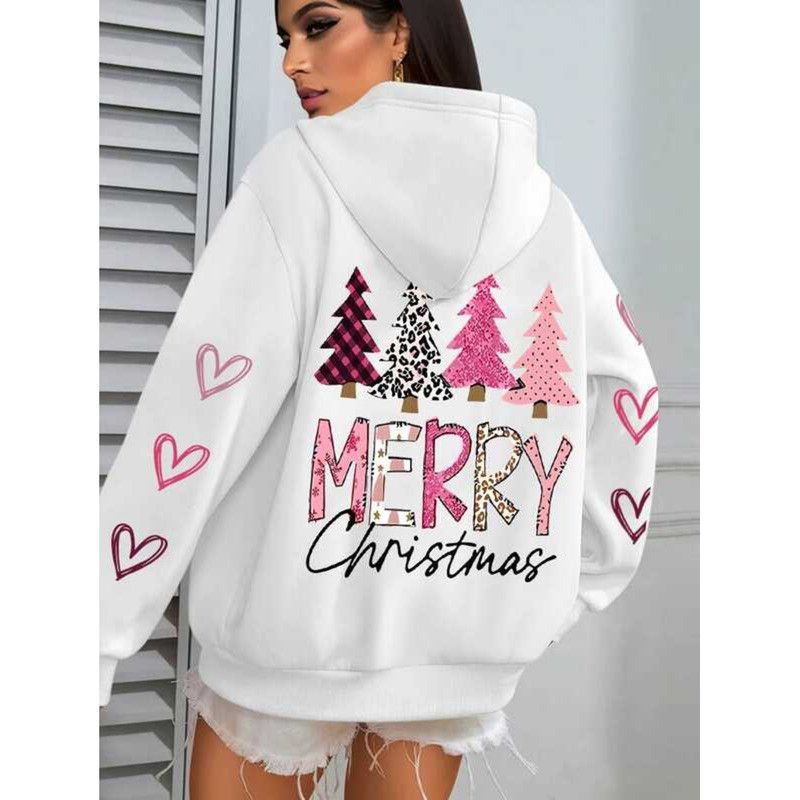 Creative Christmas Time Tree Printed Women Hoody All-Match Autumn Hoodies Casual Loose Pullover