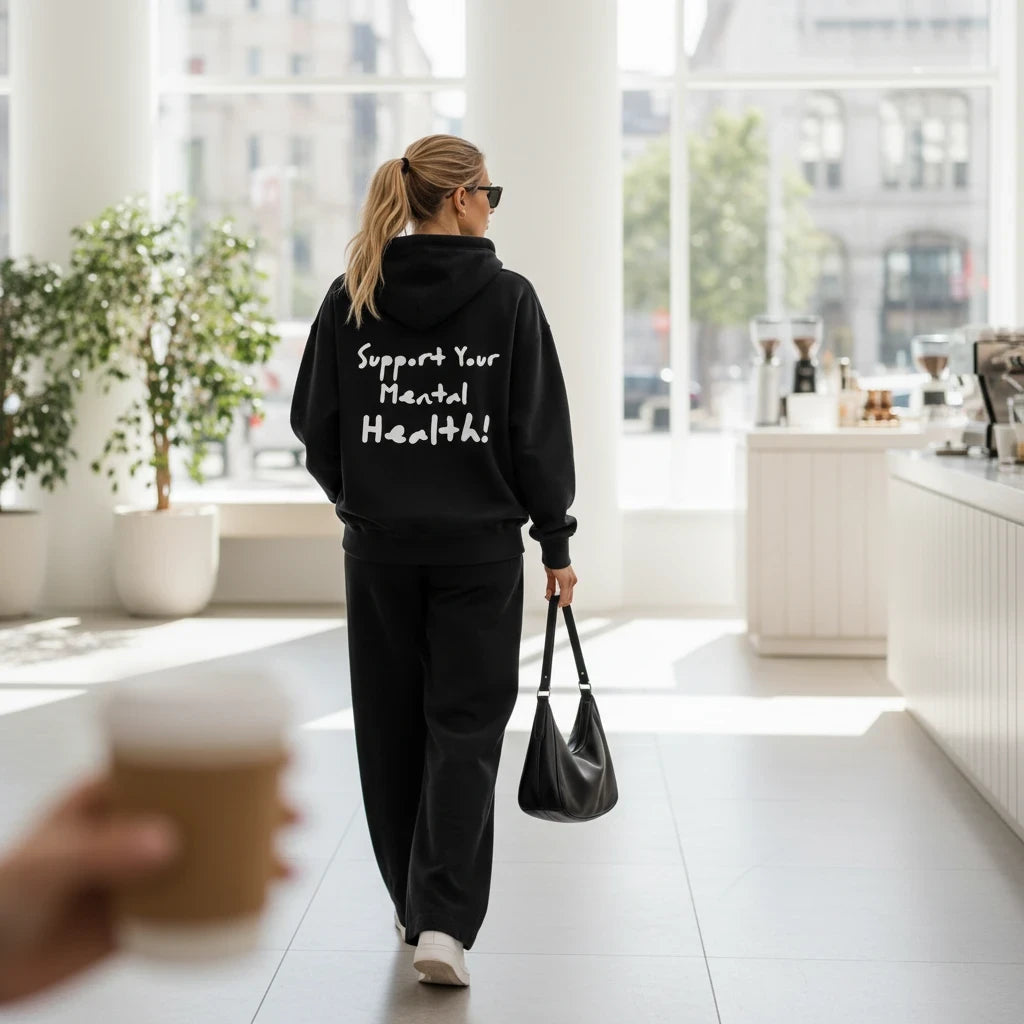 Hoodies Liban black fleeced hoodie with Support Your Mental Health text on back, worn by a woman in a bright cafe.