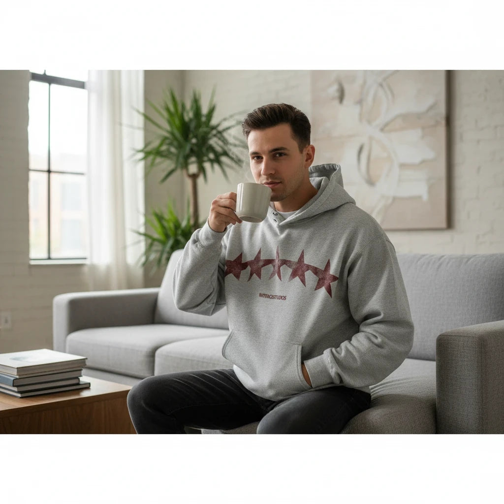 Hoodies Liban grey oversized cotton hoodie with red star graphic, worn by a man sitting on a sofa with a coffee mug.