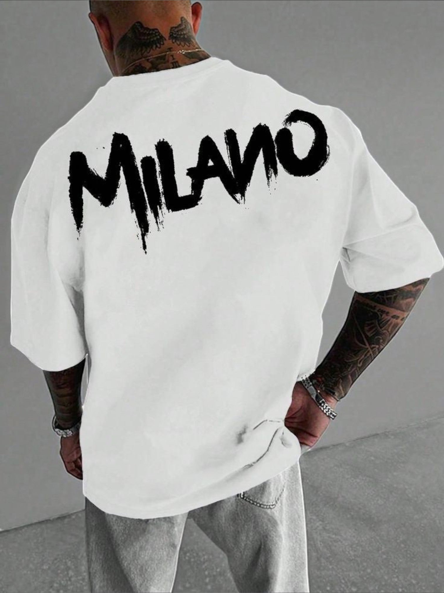 Hoodies Liban white oversized cotton t-shirt with black brush-stroke MILANO graphic print on the back