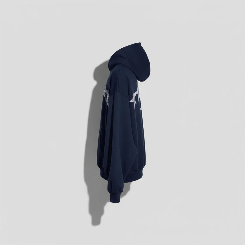 Hoodies Liban navy RATRACE STUDIOS pullover hoodie with distressed star graphic, side view showing relaxed fit.