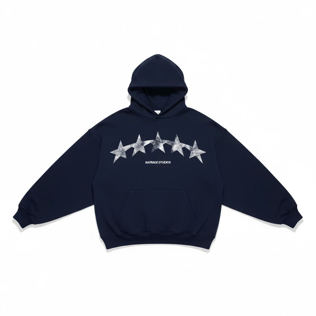 Hoodies Liban navy pullover hoodie with distressed white star graphic and RATRACE STUDIOS branding on chest