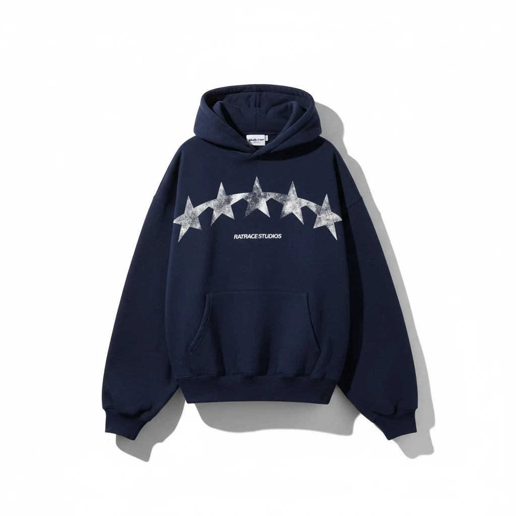 Hoodies Liban navy pullover hoodie featuring a distressed silver star graphic and RATRACE STUDIOS branding on chest.