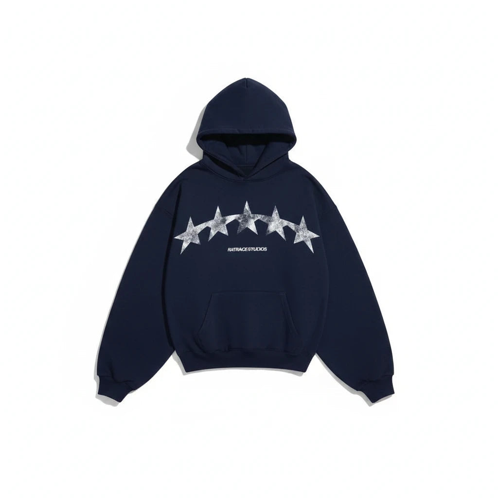 Hoodies Liban RATRACE STUDIOS navy pullover hoodie with a distressed silver star graphic and kangaroo pocket.