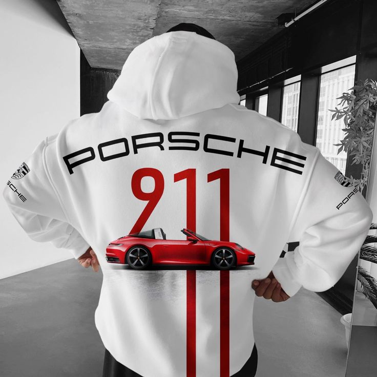 Hoodies Liban white Porsche 911 graphic hoodie with red car print and black typography on the back