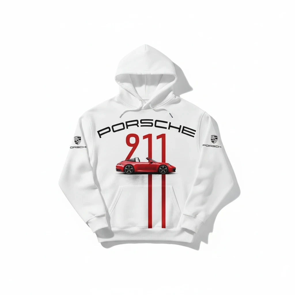 Hoodies Liban white hooded sweatshirt featuring a red Porsche 911 graphic, black typography, and sleeve branding.