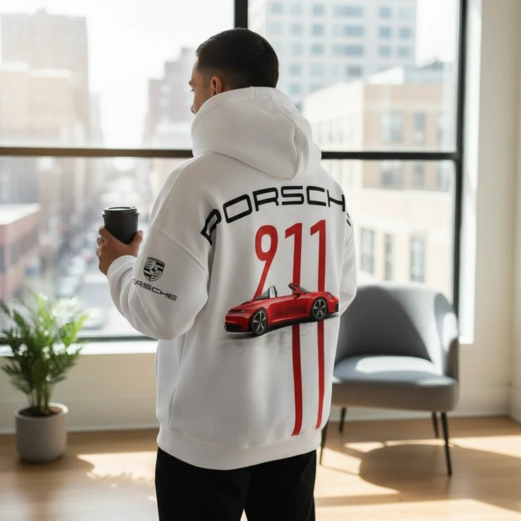 Hoodies Liban white hooded sweatshirt with red Porsche 911 graphic print and black typography on the back