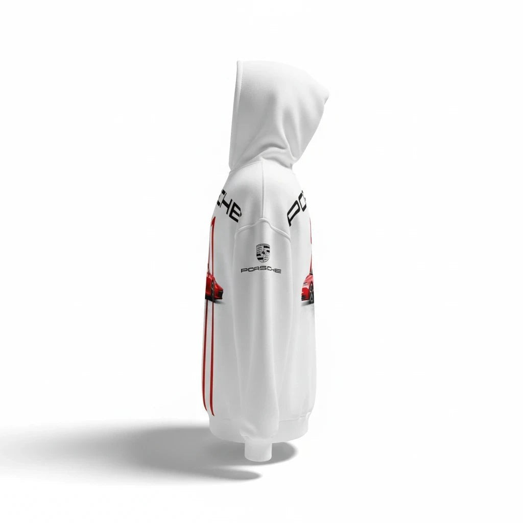 Hoodies Liban white Porsche 911 graphic hoodie with red car print and black branding, side view
