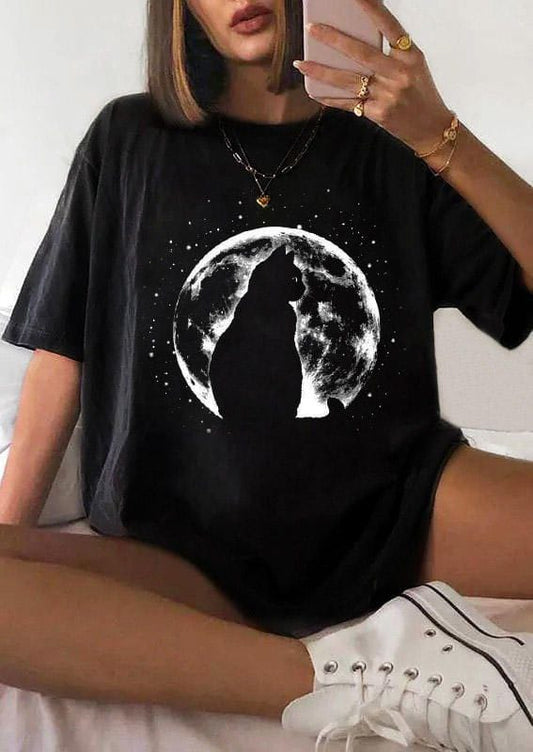 Cat and moon women's oversized tshirt